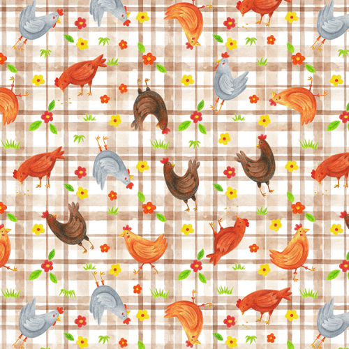 Tecido Tricoline Estampado Galinhas sobre Xadrez 9050V413