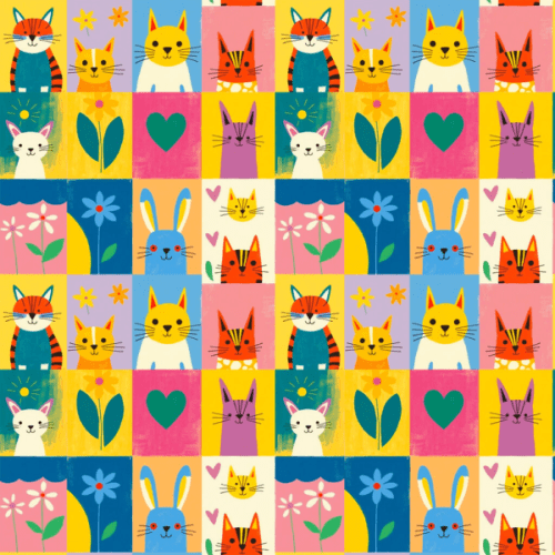 Tecido Tricoline Estampado Gatinhos e Coelhos Fofos 9050v323