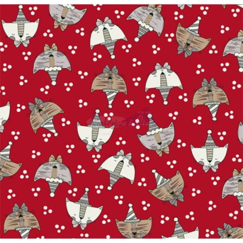 Tecido Tricoline Estampado Gato de Chapéu Vermelho 180672v05