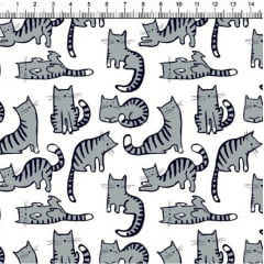 Tecido Tricoline Estampado Gatos Cinza Fundo Branco 3343-4