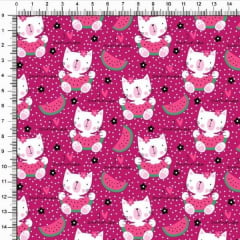 Tecido Tricoline Estampado Gato Summer Pink 5369v06