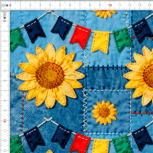 Tecido Tricoline Estampado Girrassóis Jeans Junino 9050v457