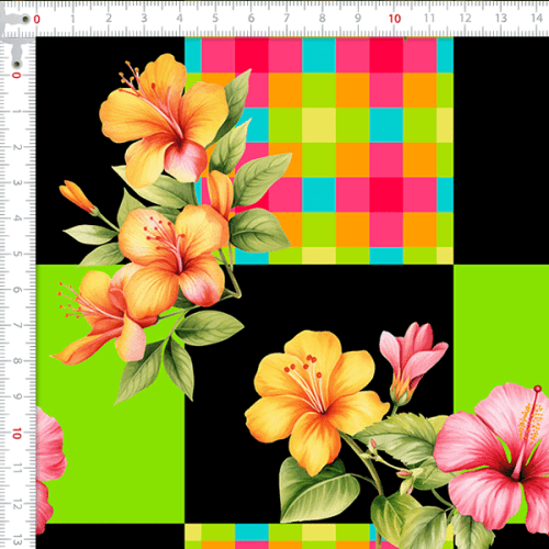 Tecido Tricoline Estampado Hibisco Grid Color Junino 9050v461