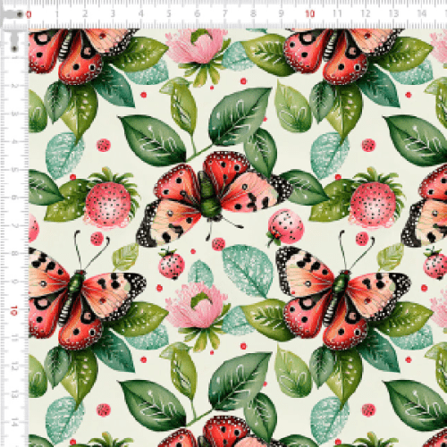 Tecido Tricoline Estampado Jardim das Borboletas Coral 9050v295