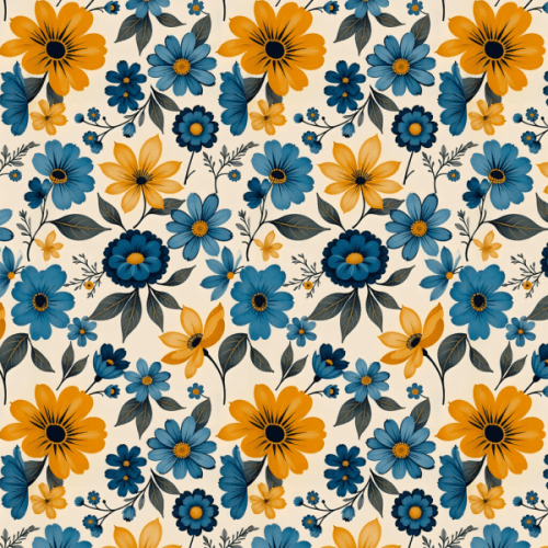 Tecido Tricoline Estampado Jardim Retrô Mostarda & Azul 9050v289