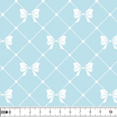 Tecido Tricoline Estampado Laço Branco Fundo Azul Bebe 2948