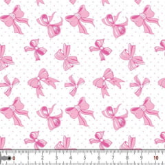 Tecido Tricoline Estampado Laços Poa Rosa Fundo Branco 2952