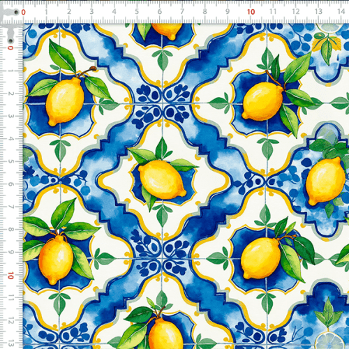 Tecido Tricoline Estampado Laranjal Azulejo Portugues Limões 9050V417
