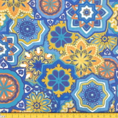 Tecido Tricoline Estampado Mandalas Geométrico Azul Laranja 6169v03