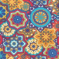 Tecido Tricoline Estampado Mandalas Geométrico Vermelho Laranja 6169v02