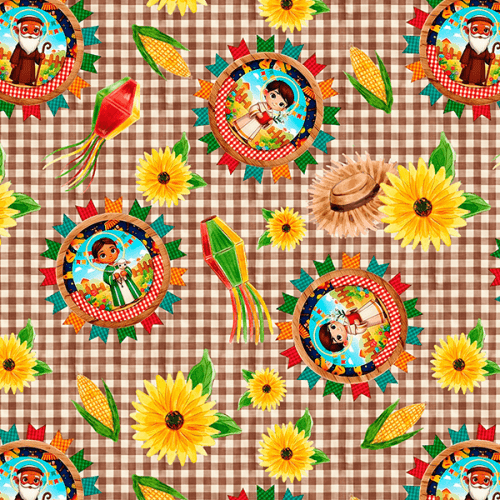 Tecido Tricoline Estampado Medalhão dos Santos Juninos Xadrez 9050v467