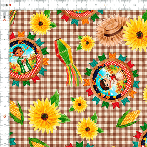 Tecido Tricoline Estampado Medalhão dos Santos Juninos Xadrez 9050v467