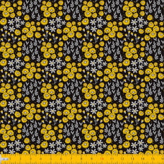 Tecido Tricoline Estampado Mini Floral Amarelo e Folhagem Fundo Preto 2016v12