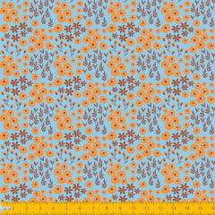 Tecido Tricoline Estampado Mini Floral e Folhagem Fundo Azul Claro 2016v03