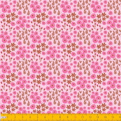 Tecido Tricoline Estampado Mini Floral e Folhagem Fundo Rosa 2016v02