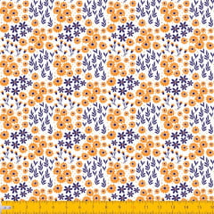 Tecido Tricoline Estampado Mini Floral Laranja Azul e Folhagem Fundo Branco 2016v07