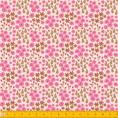 Tecido Tricoline Estampado Mini Floral Rosa e Folhagem Fundo Amarelo Claro 2016v08