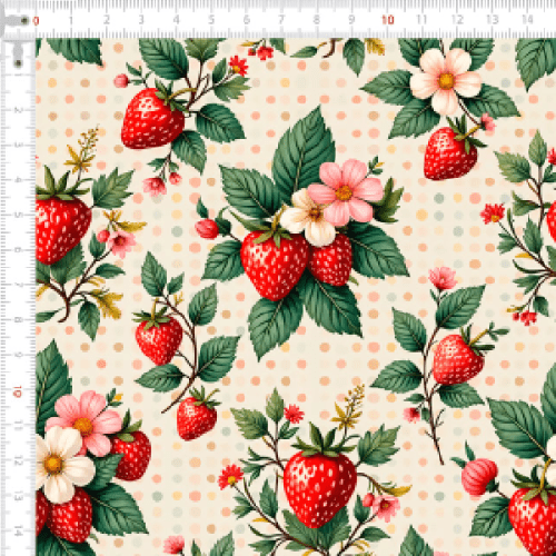 Tecido Tricoline Estampado Morangos e Flores com Poá Vintage 9050v294