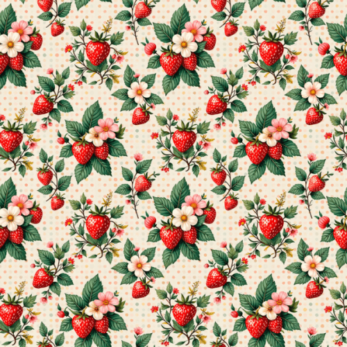 Tecido Tricoline Estampado Morangos e Flores com Poá Vintage 9050v294