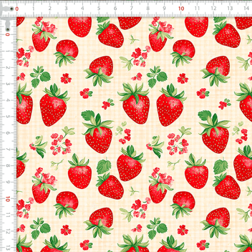 Tecido Tricoline Estampado Morangos sobre Xadrez Miúdo 9050V421