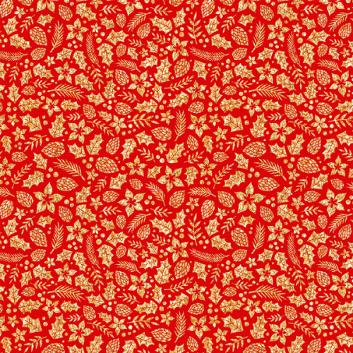 Tecido Tricoline Estampado Natal Folhas Douradas Vermelho 1277v264
