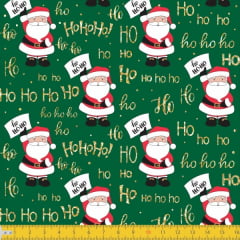 Tecido Tricoline Estampado Natal Papai Noel Hohoho Verde 5065v02