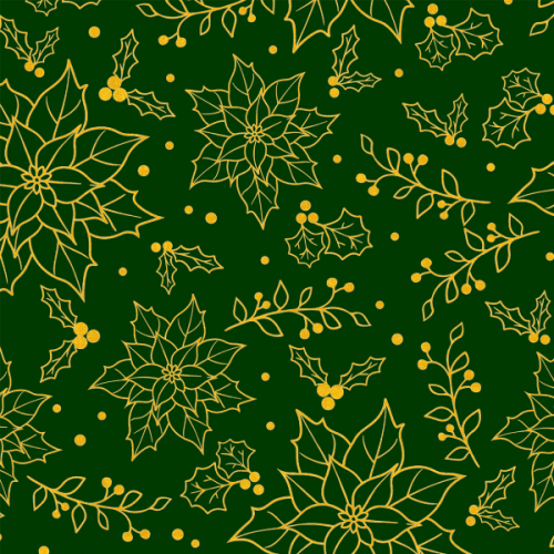 Tecido Tricoline Estampado Natal Traços Flores Douradas Verde 1416v264
