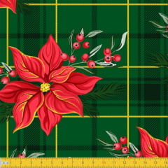 Tecido Tricoline Estampado Natal Xadrez Floral Verde 8053v02