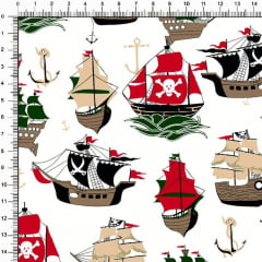 Tecido Tricoline Estampado Navios Piratas Branco 6473v05