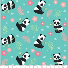 Tecido Tricoline Estampado Panda e Bambu Verde 7133v01