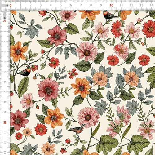 Tecido Tricoline Estampado Passaros e Ramos 9050V403