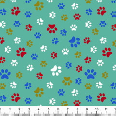 Tecido Tricoline Estampado Patinhas de Cachorro Coloridas Fundo Verde Claro 5340v09