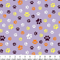 Tecido Tricoline Estampado Patinhas de Cachorro Coloridas Fundo Lilás 5340v13