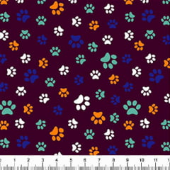 Tecido Tricoline Estampado Patinhas de Cachorro Coloridas Fundo Vinho 5340v12