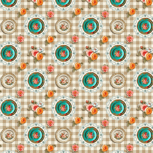 Tecido Tricoline Estampado Porcelanas Florais Fundo Xadrez 9050V479 Tecido Tricoline Estampado Porcelanas Florais Fundo Xadrez 9050V479