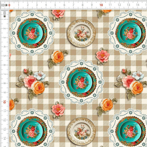 Tecido Tricoline Estampado Porcelanas Florais Fundo Xadrez 9050V479