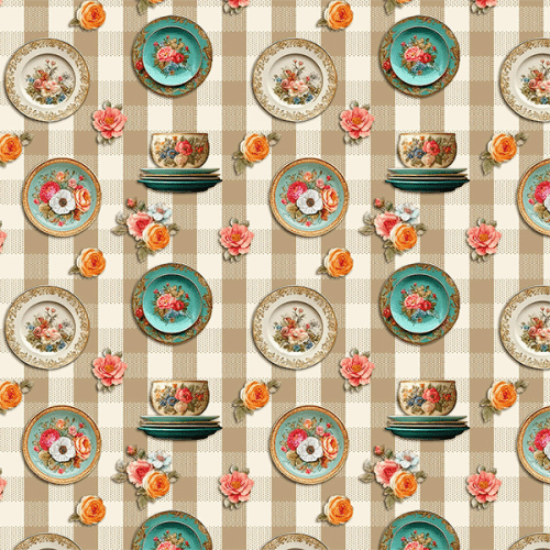 Tecido Tricoline Estampado Porcelanas Florais Fundo Xadrez 9050V486 Tecido Tricoline Estampado Porcelanas Florais Fundo Xadrez 9050V486