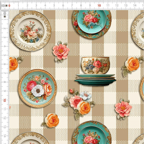 Tecido Tricoline Estampado Porcelanas Florais Fundo Xadrez 9050V486