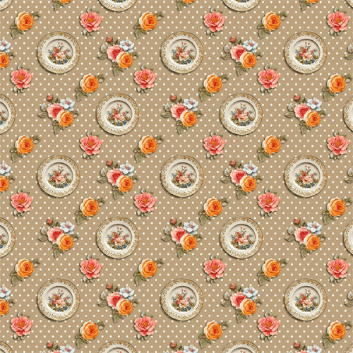 Tecido Tricoline Estampado Pratos e Rosas 9050V482