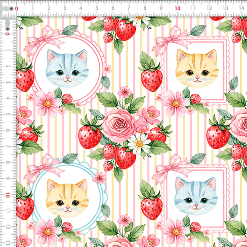 Tecido Tricoline Estampado Quadros de Gatinhos Listrado 9050V446