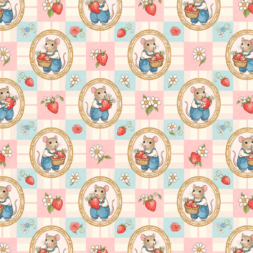 Tecido Tricoline Estampado Ratinhos e Morangos 9050V436 Tecido Tricoline Estampado Ratinhos e Morangos 9050V436