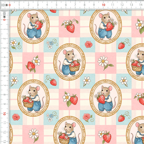 Tecido Tricoline Estampado Ratinhos e Morangos 9050V436