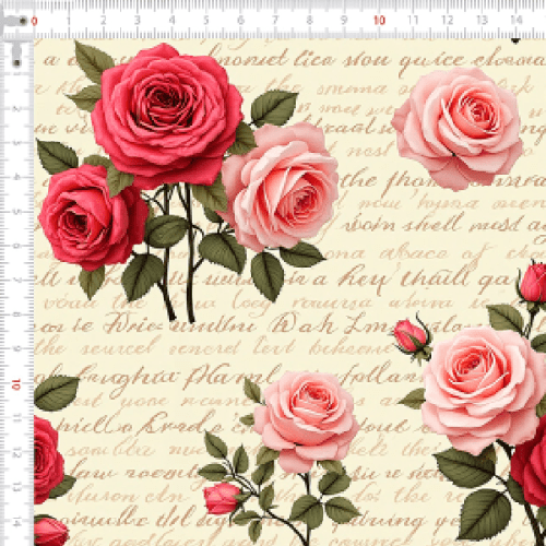 Tecido Tricoline Estampado Rosas com Manuscrito Vintage 9050v292