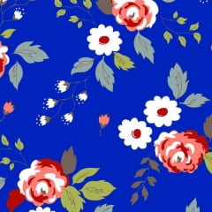 Tecido Tricoline Estampado Rosas Fundo Azul Royal 6356v08