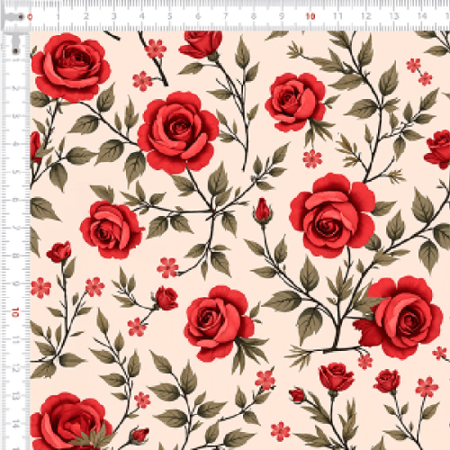 Tecido Tricoline Estampado Rosas Vermelhas Vintage 9050v291