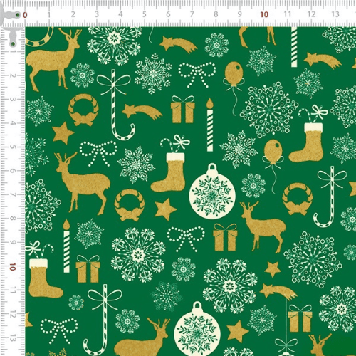 Tecido Tricoline Estampado Tesouros de Natal Fundo Verde 2088v02 Tecido Tricoline Estampado Tesouros de Natal Fundo Verde 2088v02