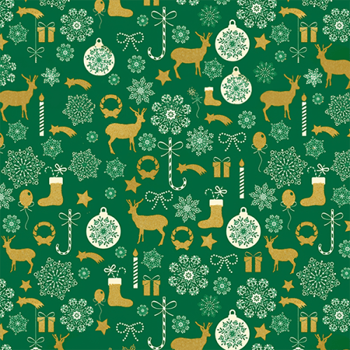 Tecido Tricoline Estampado Tesouros de Natal Fundo Verde 2088v02