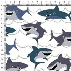 Tecido Tricoline Estampado Tubarões Fundo Branco 6440v01