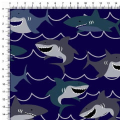 Tecido Tricoline Estampado Tubarões Fundo Marinho 6440v04