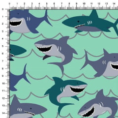 Tecido Tricoline Estampado Tubarões Fundo Verde Agua 6440v03